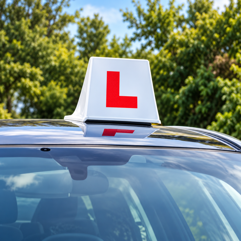learner sign reflected on car roof